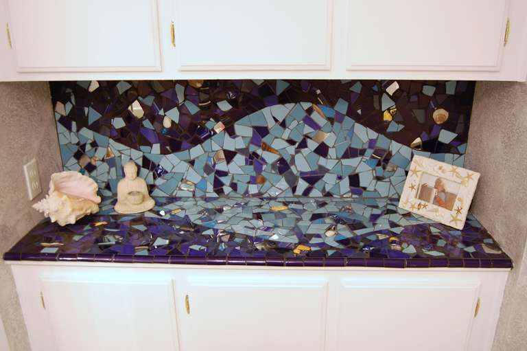Residential bathroom.  Ceramic tile, mirror, shells and found objects.  Westlake Village, CA.  2008
