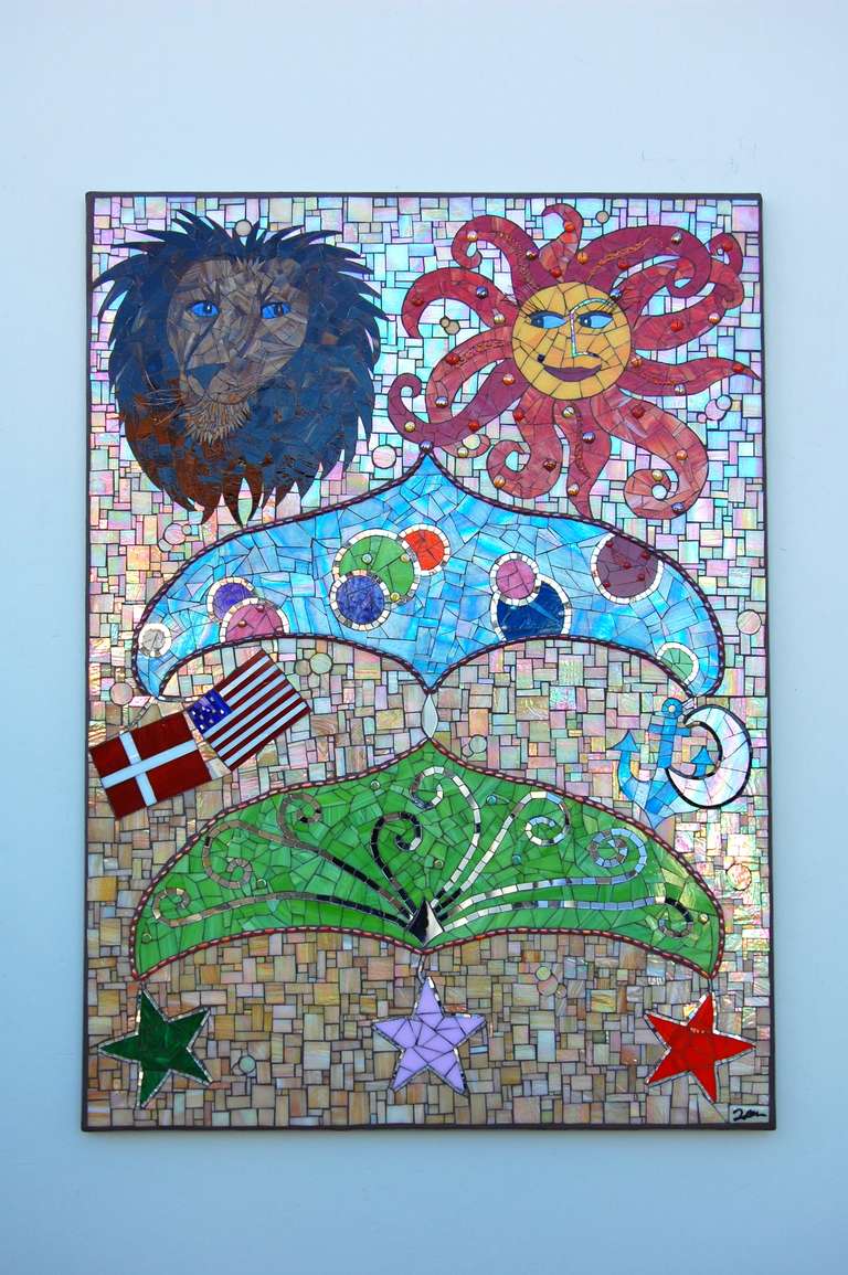 Family Icon Mural  Stained glass, glass gems, mirror with epoxy grout.  4'x5.5'  2014