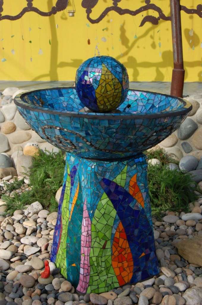 Garden Fountain.  2012  Stained glass, pebbles.  Epoxy grout.  20 sq. ft.