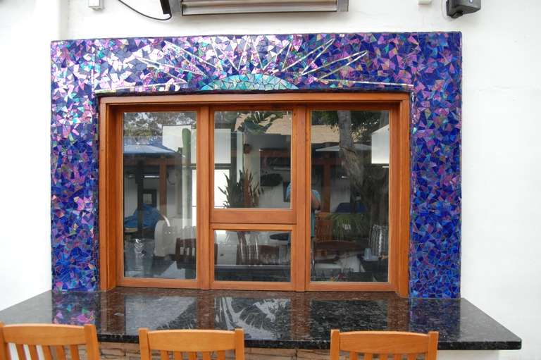 Eos, Wrap around bar.  2007 Stained glass & mirror.  Cement grout.