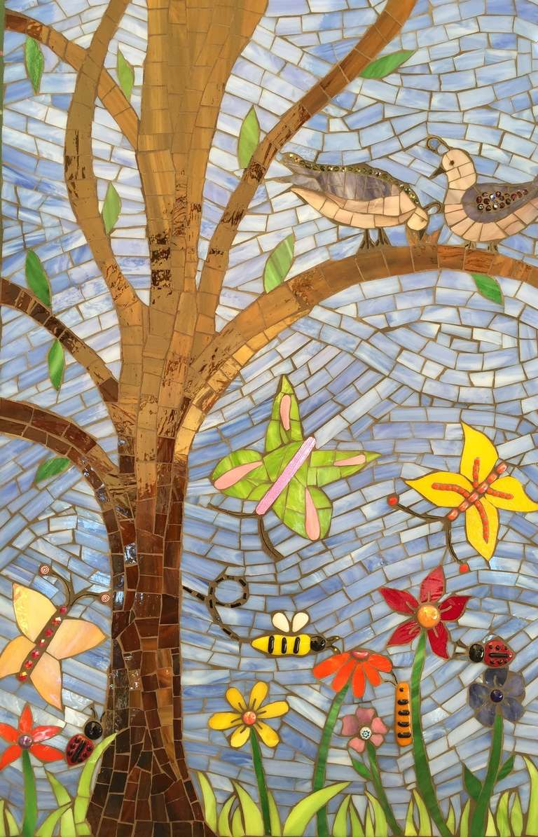 Happy Spring Day 2015  Stained glass, glass fusions and cement grout.  On Wedi board.