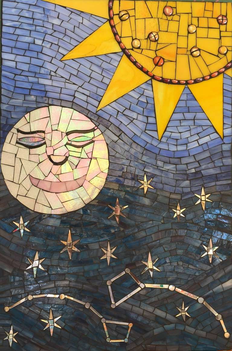 Over the Moon 2015  Stained glass and cement grout.  On Wedi board.